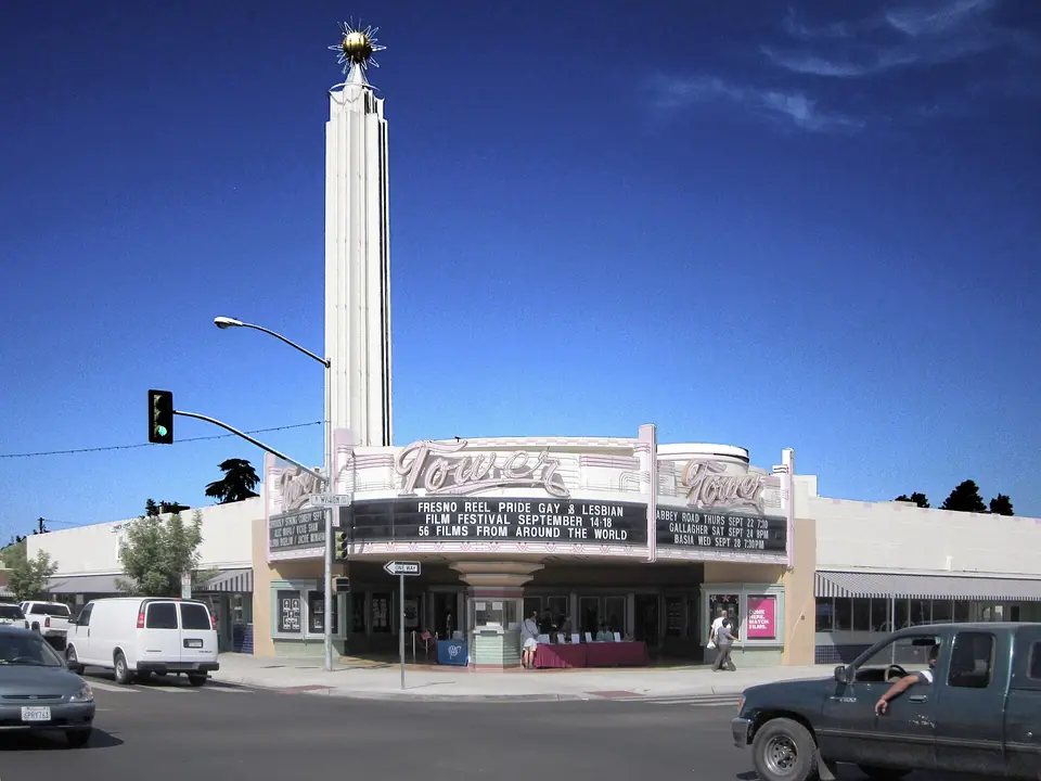 The Tower Theatre's Streamline Moderne tower and marquee on Olive Avenue in Fresno