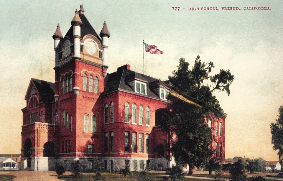 Early 1900s postcard of the old Fresno High School building